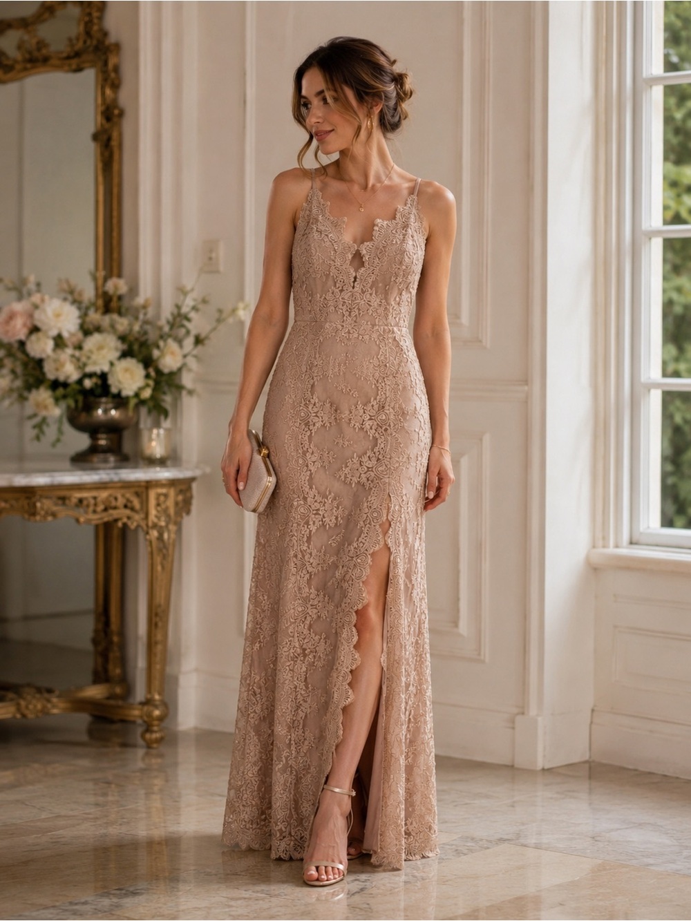 Nikibiki Lace Maxi Dress Nude Wedding Guest Bridesmaid Gown L Event Gala Chic